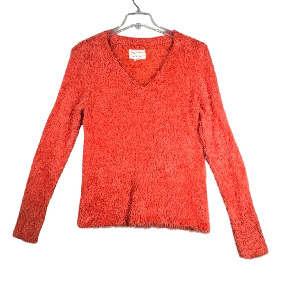 Evy's Tree Sweater The Ruthie Coral Orange Fuzzy V-Neck Pullover Womens Size‎ S